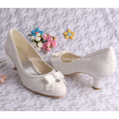 Low Heel Bridal Shoes Champagne Lace with Bowtie